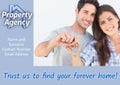 Composite of caucasian couple with house key and property agency, name and surname, contact, email