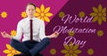 Composite of caucasian young businessman meditating by world meditation day text, copy space