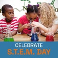 Composite of celebrate stem day text and diverse boy looking at girls using microscope in school Royalty Free Stock Photo