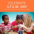 Composite of celebrate stem day text and diverse boy looking at students using microscope in school Royalty Free Stock Photo