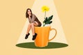 Composite collage artwork of funny dreaming woman sitting huge orange cup fresh coffee morning autumn isolated on beige
