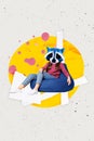 Composite collage artwork of headless surreal raccoon animal mask freak lying beanbag comfort chill room isolated on