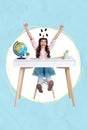 Composite collage artwork of youngster small schoolgirl preteen headless brain celebrate done homework sit desk studying