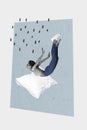 Composite collage creative picture of young sports woman falling down flying to pillow and sleeping isolated on gray