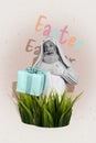 Composite collage of cute old man rabbit costume receive present celebrate easter invitation postcard bizarre unusual Royalty Free Stock Photo