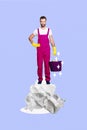 Composite collage of expert happy smiling young housekeeper wear latex gloves pink uniform hold bucket trash isolated on