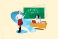 Composite collage of funny small preteen school boy and girl have teaching blackboard algebra counting theory isolated