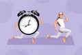 Composite collage image of big bell ring clock legs running catch cheerful girl on painted background