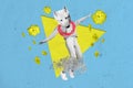 Composite collage image of black white effect carefree girl dog head dancing fresh flowers isolated on blue background Royalty Free Stock Photo