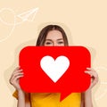 Composite collage image of a caucasian girl holding like poster and covering her face on a pastel background