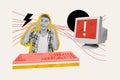 Composite collage image of confused man ignore broken computer keyboard error warning sign fantasy billboard comics zine