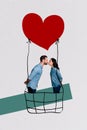 Composite collage image of cute couple kiss air balloon flying valentine day dating love concept billboard comics zine