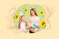 Composite collage image of cute mom daughter collect eggs celebrate easter holiday traditional invitation billboard