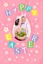 Composite collage image of cute old marriage kiss cheek celebrate easter holiday traditional invitation billboard comics Royalty Free Stock Photo