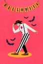 Composite collage image of dancing elegant gentleman halloween october party costume garland have fun perform muerto