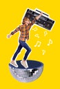 Composite collage image of energetic funny man dj running hurry carry retro vintage boombox have fun disco ball party