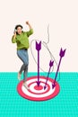 Composite collage image of excited active teen youngster arrows hit darts board listen music celebrate success victory