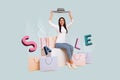 Composite collage image of excited cheerful young woman holding stylish hat shopping sale banner promo bags fashion