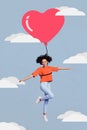 Composite collage image of excited cute adorable woman flying hanging big heart pink balloon aerostat celebration agency Royalty Free Stock Photo