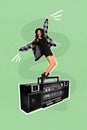 Composite collage image of excited funny funky mini young woman dancing tiptoes retro vintage retro tape recorder have