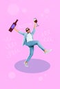 Composite collage image of excited funny young man dancing hold alcohol bottle glass wine celebrate weekend friday