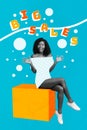 Composite collage image of excited happy cheerful young woman sitting cube big sale text shopper shopping discount Royalty Free Stock Photo