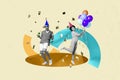 Composite collage image of excited youth people young man female dancing party discotheque hold air balloons have fun