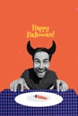 Composite collage image of funny demon devil horns male eating cafe chopped finger witch costume happy halloween