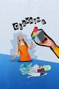 Composite collage image of funny elderly female washing cleaning hand hold cube service maid clear tidy up trash