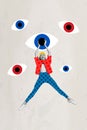 Composite collage image of funny funky jumping woman carefree cheerful watching eyes spying incognito hacker controlling