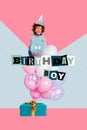 Composite collage image of funny little child boy air balloons celebrate birthday party bizarre unusual fantasy