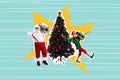 Composite collage image of funny santa claus elf helper boom box dancing dj christmas new year tree have fun party promo