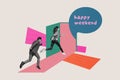 Composite collage image of funny two people man female running open door office worker celebrate friday happy weekend