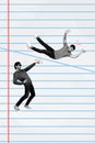 Composite collage image of funny young guy pointing finger his stupid friend falling down notepad lines isolated on page Royalty Free Stock Photo