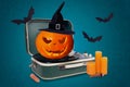 Composite collage image of halloween pumpkin head carved smiling face wear wizard witch hat vinyl recorder bats candles