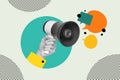 Composite collage image of hand hold megaphone speech bubble talking announce message shopping billboard comics zine