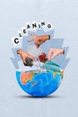 Composite collage image of hands cleaners planet earth international clear up rubbish trash cleaning magazine sketch