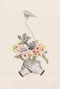 Composite collage image of hands hold bouquet roses paper plane with love message dating couple freak bizarre unusual