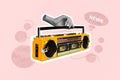 Composite collage image of human arm black white gamma hold vintage radio boom box isolated on painted background