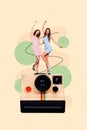 Composite collage image of instant photo camera dancing two women together have fun sexy dress polaroid retro vintage Royalty Free Stock Photo