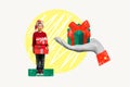 Composite collage image of little boy surprised hand hold gifts receive new year x-mas magazine sketch christmas