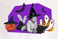 Composite collage image of little witch school girl child read spell book study watching spirits wear wizard hat pumpkin