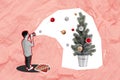 Composite collage image of mini black white guy hold loudspeaker tell newyear bauble ball toys fir tree sale promo