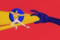 Composite collage image of mini girl jump kick fight huge painted monster arm isolated on creative red background