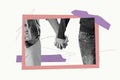 Composite collage image of positive couple hold hands photographing memory dating concept valentine day fantasy