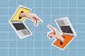 Composite collage image of two arms fingers reach touch each other two laptops displays isolated on checkered background