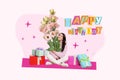 Composite collage image of young female hold receive roses bouquet celebrate happy birthday gifts party billboard comics