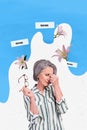 Composite collage photo illustration of woman take off glasses fingers on nose bridge get tired at work isolated on