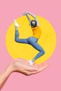 Composite collage photo of young active sportswoman jumping stretching showing flexibility exercise on pink