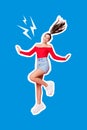 Composite collage photo of young carefree jumping lady wearing summer clothes mini shorts celebrate sale isolated over
